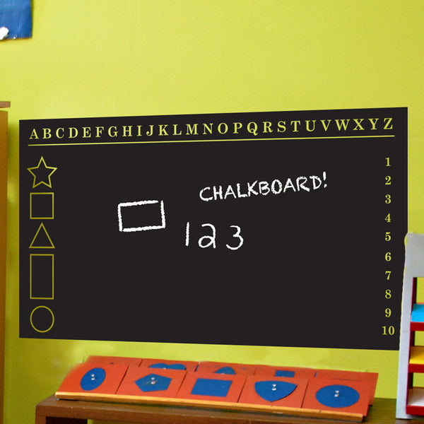 Educational Chalkboard with Alphabet Number Chart and Shapes - Dana Decals