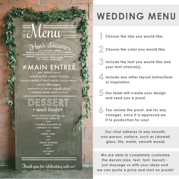 Wedding Menu Typography Sign - Dana Decals