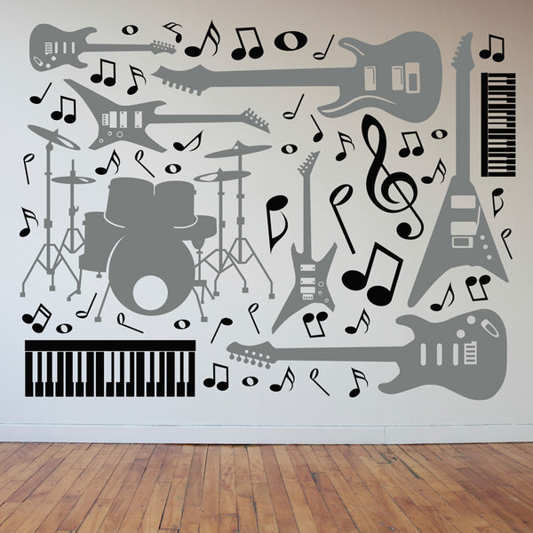 Drums, Guitars, Keyboards, and Music Notes Collage Rock Star Collection - Dana Decals